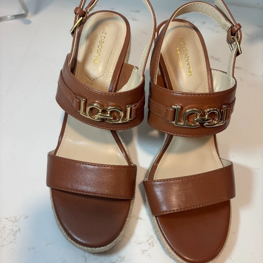 LIZ CLAIBORNE WEDGE SANDALS BROWN FAUX LEATHER SLINGBACK SZ 7 - Picture 7 of 9